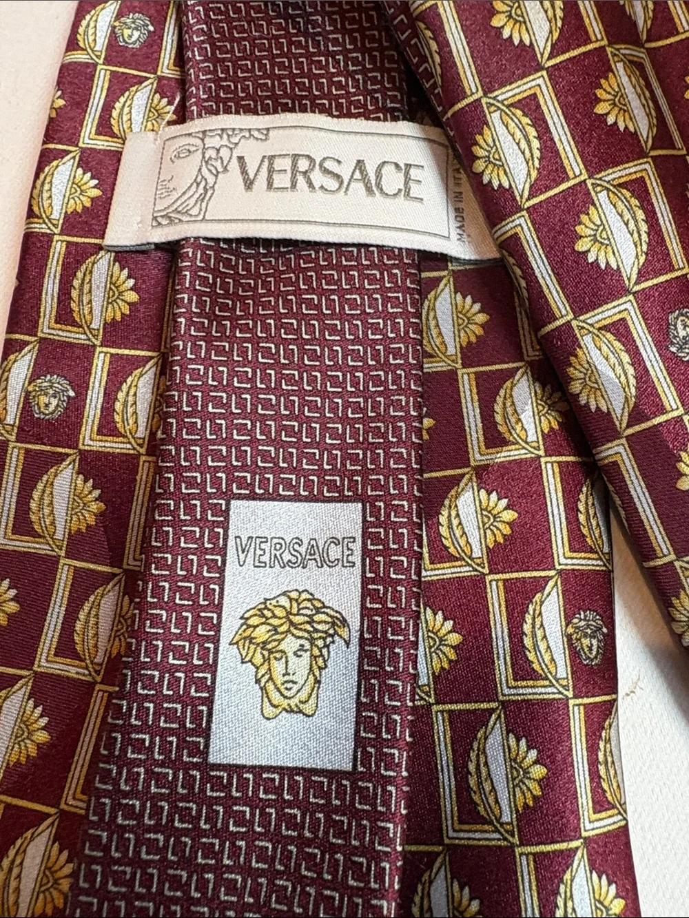 Versace Burgundy and Gold patterned Silk Tie